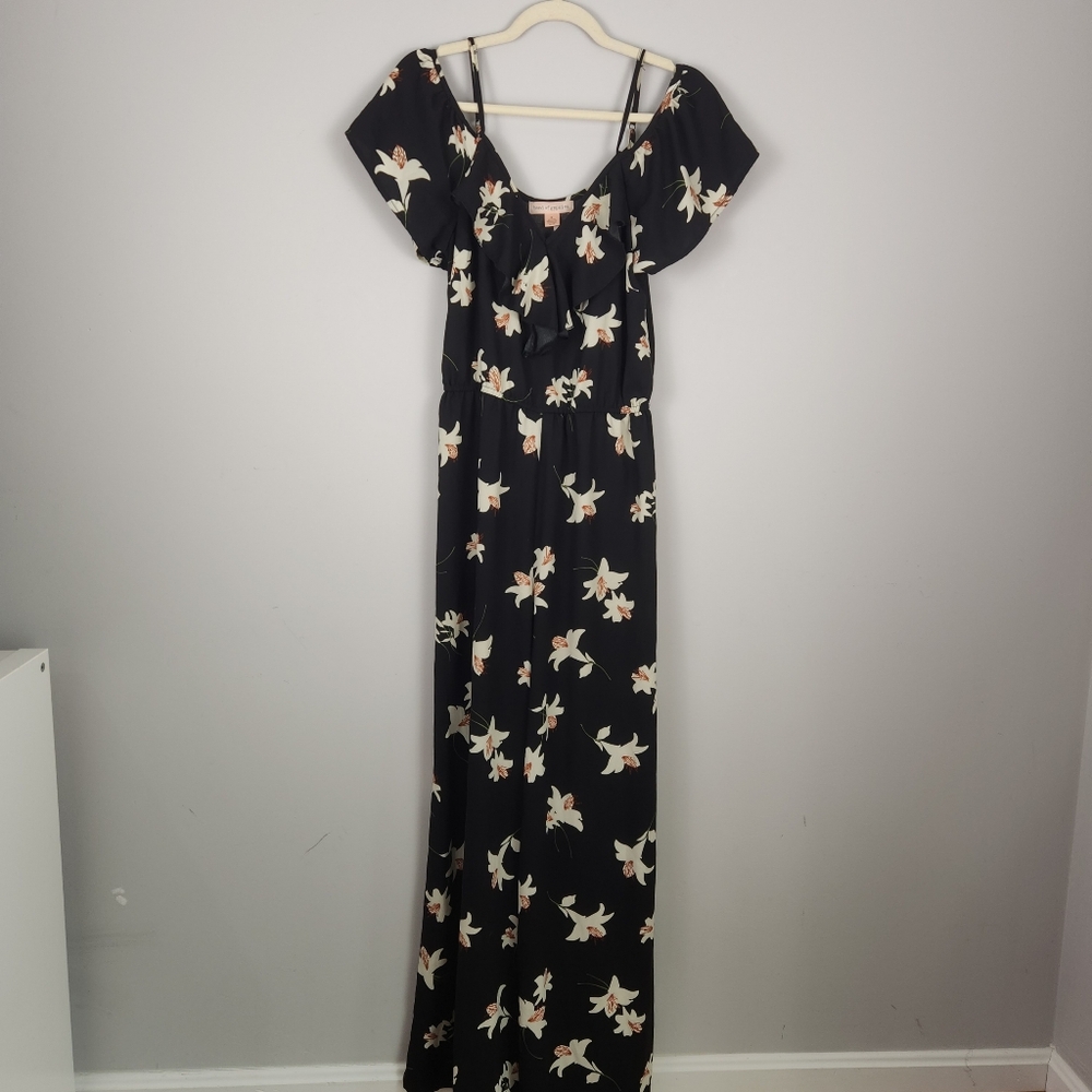 Band Of Gypsies Womens Jumpsuit Black Pink Floral Wide Leg Short Sleeve Size S